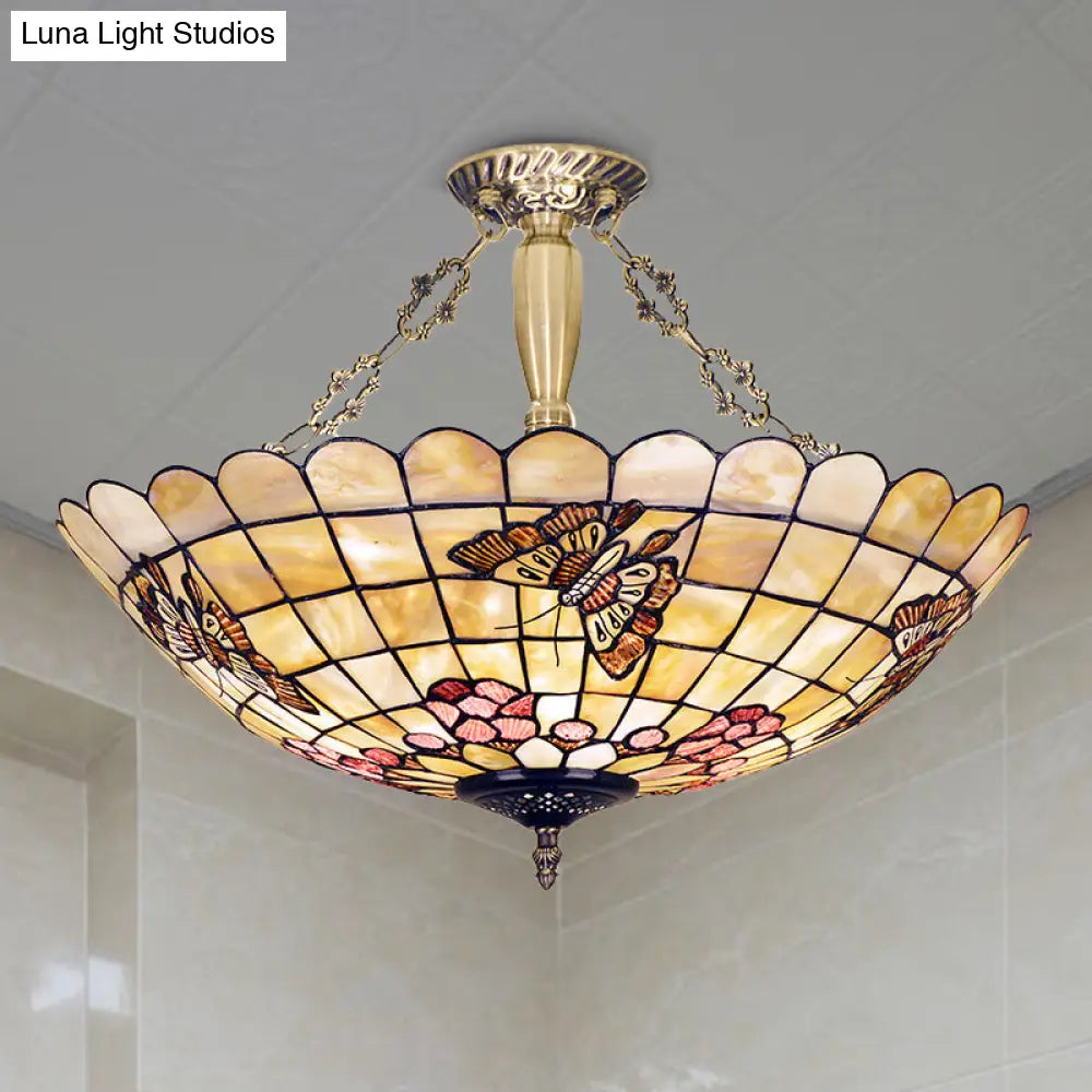 Tiffany Style Semi - Flush Ceiling Light With Butterfly Rose & Fruit Shell Shade