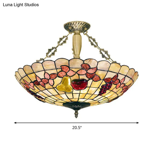 Tiffany Style Semi - Flush Ceiling Light With Butterfly Rose & Fruit Shell Shade