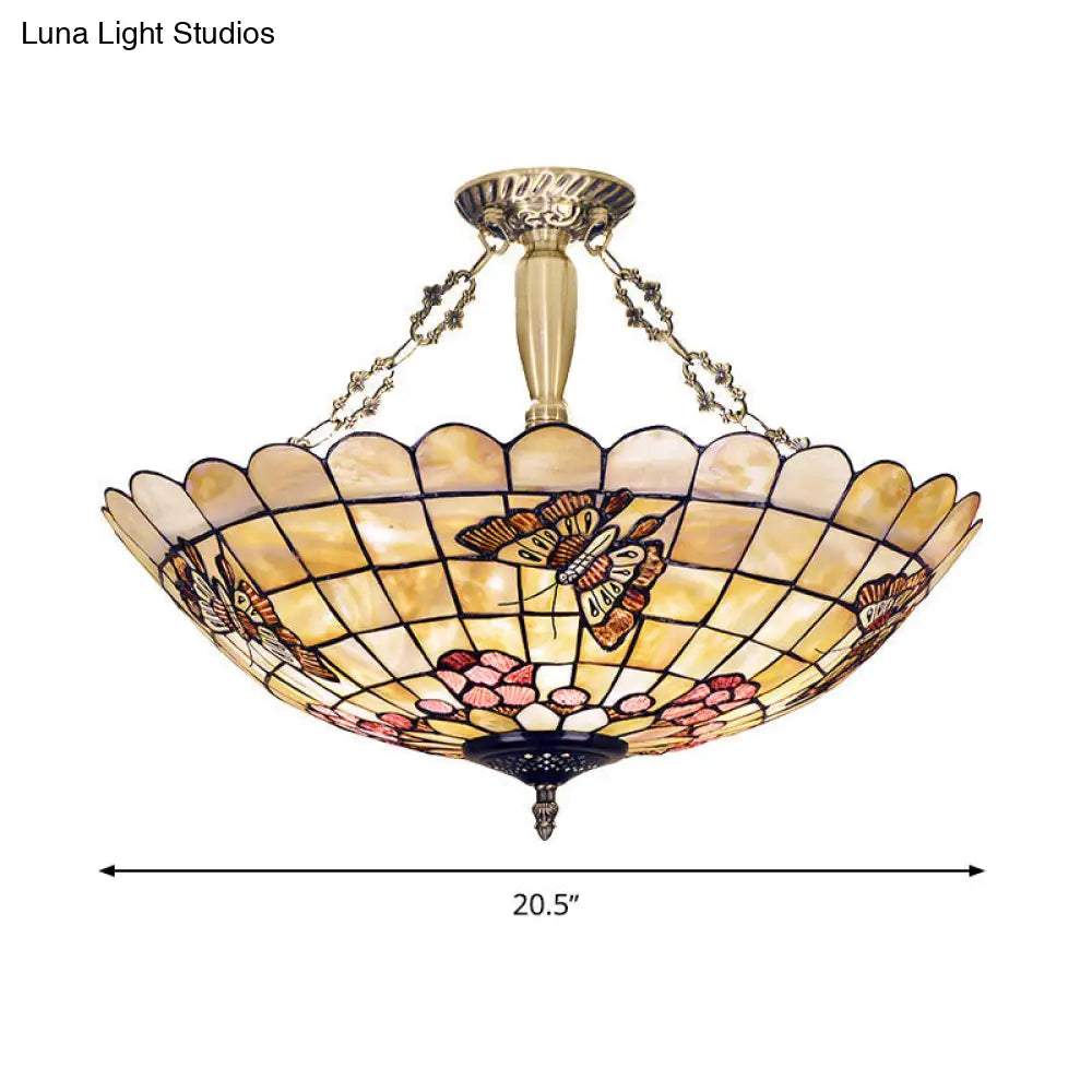 Tiffany Style Semi-Flush Ceiling Light With Butterfly Rose & Fruit Shell Shade