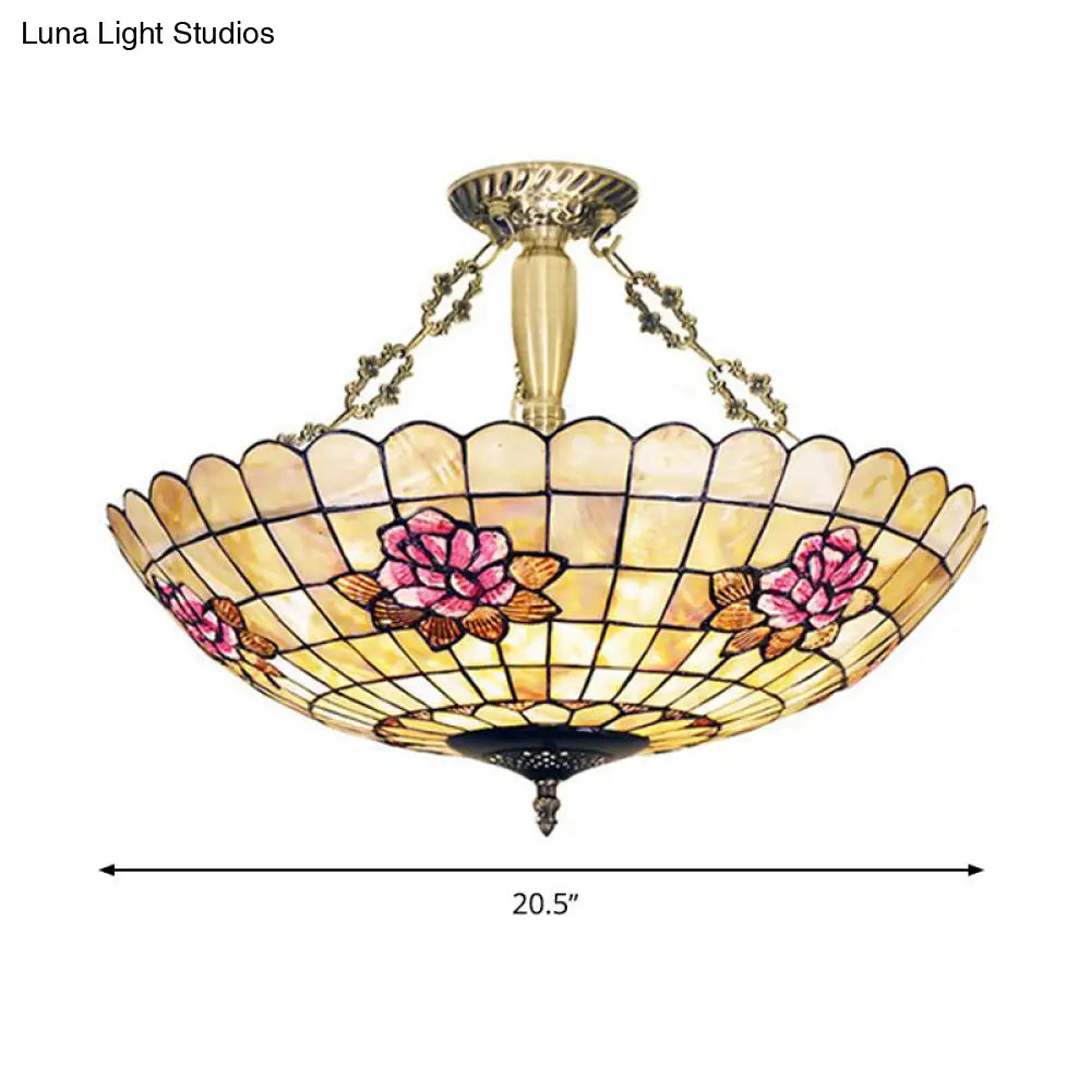 Tiffany Style Semi-Flush Ceiling Light With Butterfly Rose & Fruit Shell Shade