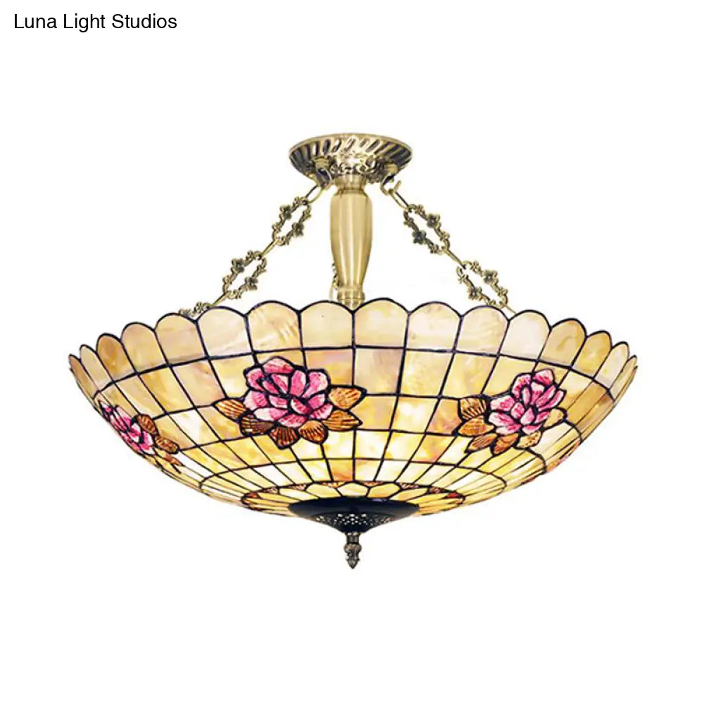 Tiffany Style Semi - Flush Ceiling Light With Butterfly Rose & Fruit Shell Shade