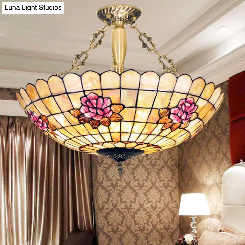 Tiffany Style Semi-Flush Ceiling Light With Butterfly Rose & Fruit Shell Shade Brass /