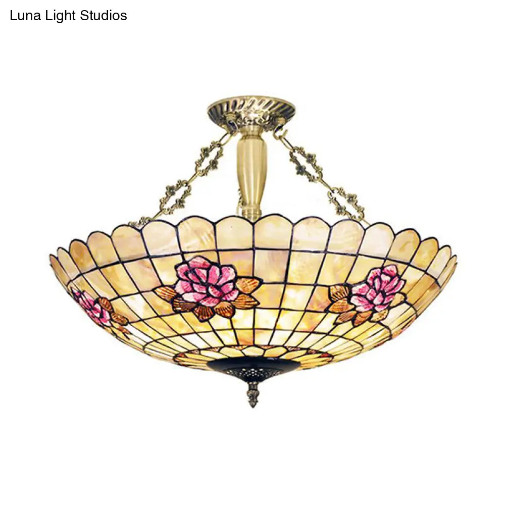 Tiffany Style Semi-Flush Ceiling Light With Butterfly Rose & Fruit Shell Shade