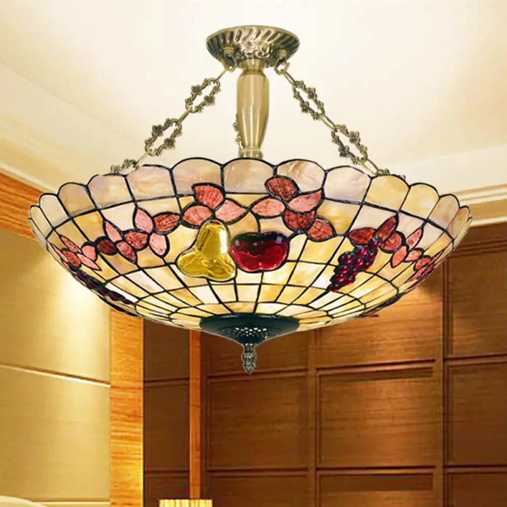 Tiffany Style Semi - Flush Ceiling Light With Butterfly Rose & Fruit Shell Shade Brass /