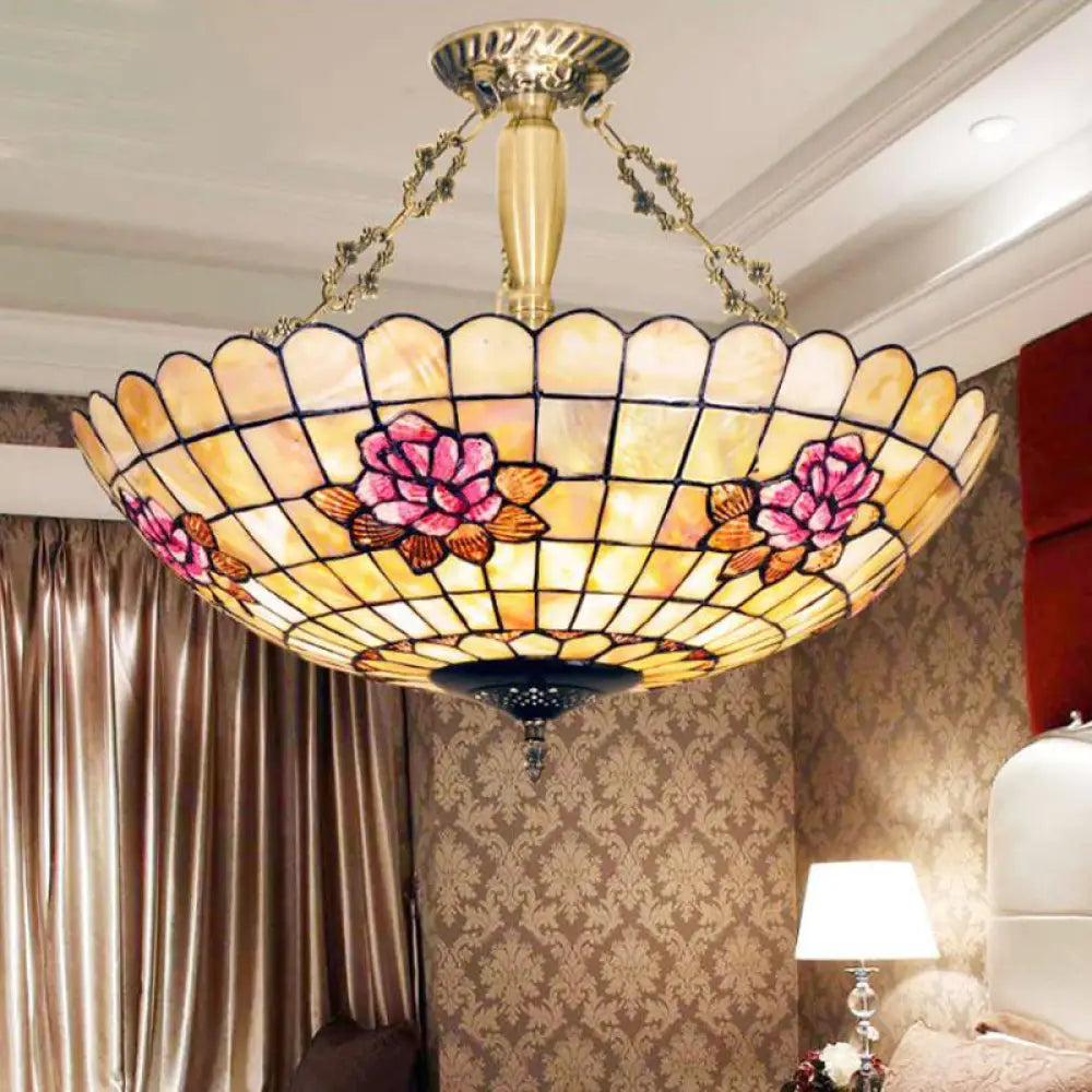 Tiffany Style Semi - Flush Ceiling Light With Butterfly Rose & Fruit Shell Shade Brass /