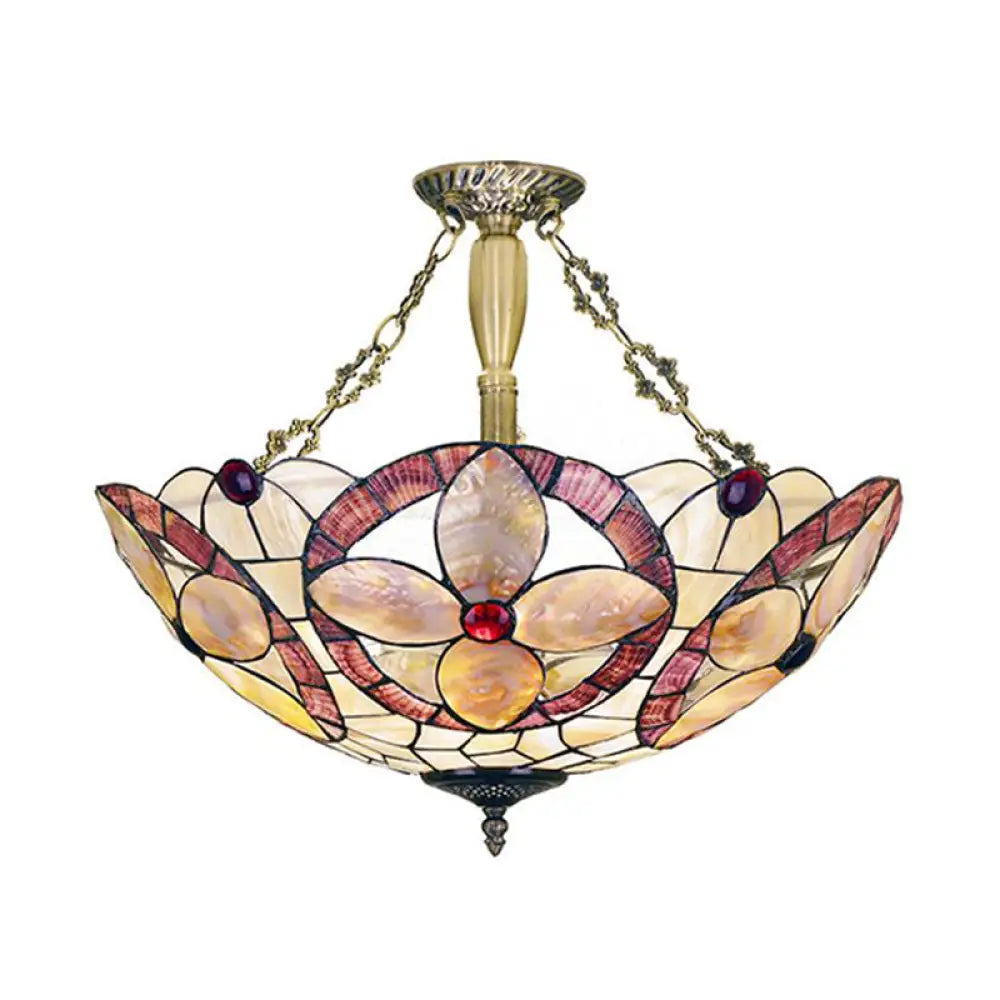 Tiffany Style Semi - Flush Ceiling Light With Butterfly Rose & Fruit Shell Shade Brass / Flower