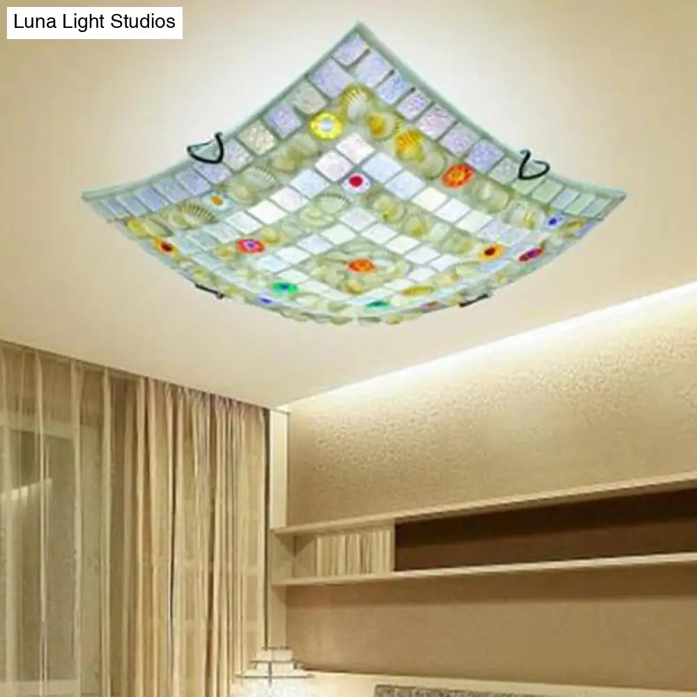 Tiffany Style Square Shell Flush Mount Ceiling Light With 3 Lights White - Ideal For Kitchen