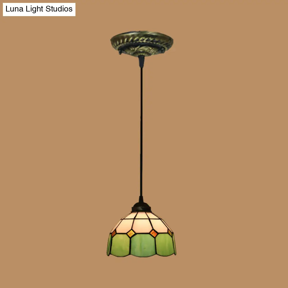 Tiffany Style Stained Art Glass Pendant Light - Domed Drop Design With 1-Light For Hanging Ceiling