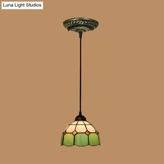 Tiffany Style Stained Art Glass Pendant Light - Domed Drop Design With 1-Light For Hanging Ceiling