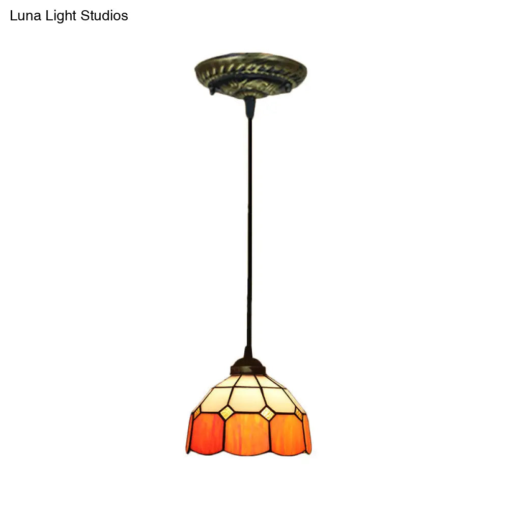 Tiffany Style Stained Art Glass Pendant Light - Domed Drop Design With 1-Light For Hanging Ceiling