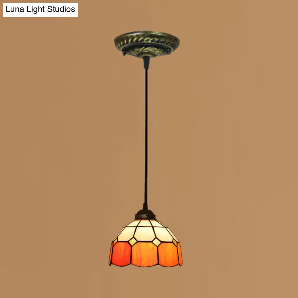 Tiffany Style Stained Art Glass Pendant Light - Domed Drop Design With 1-Light For Hanging Ceiling