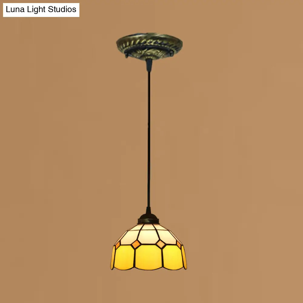 Tiffany Style Stained Art Glass Pendant Light - Domed Drop Design With 1-Light For Hanging Ceiling