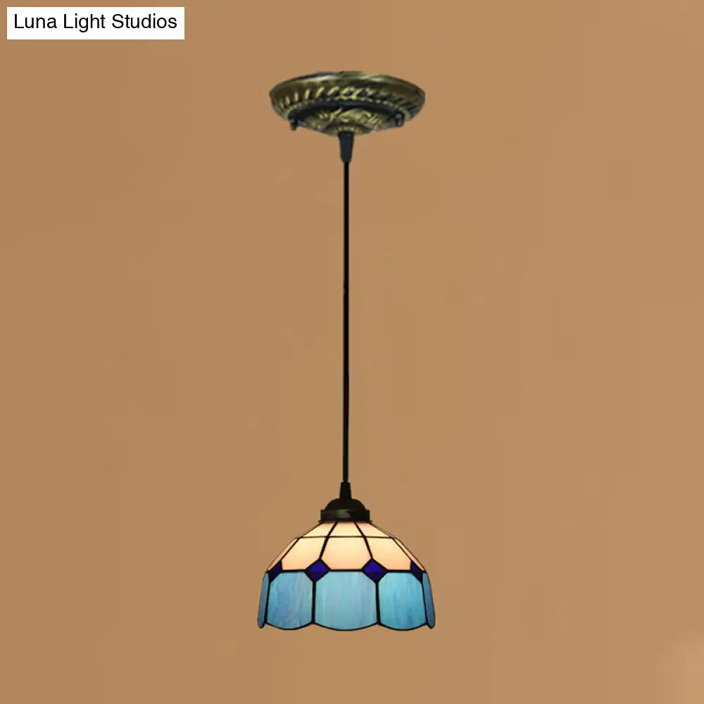 Tiffany Style Stained Art Glass Pendant Light - Domed Drop Design With 1-Light For Hanging Ceiling