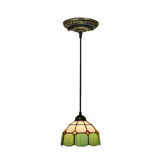 Tiffany Style Stained Art Glass Pendant Light - Domed Drop Design With 1-Light For Hanging Ceiling