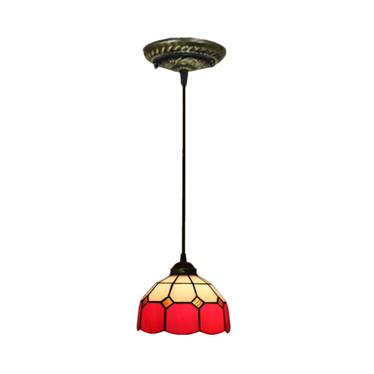 Tiffany Style Stained Art Glass Pendant Light - Domed Drop Design With 1-Light For Hanging Ceiling