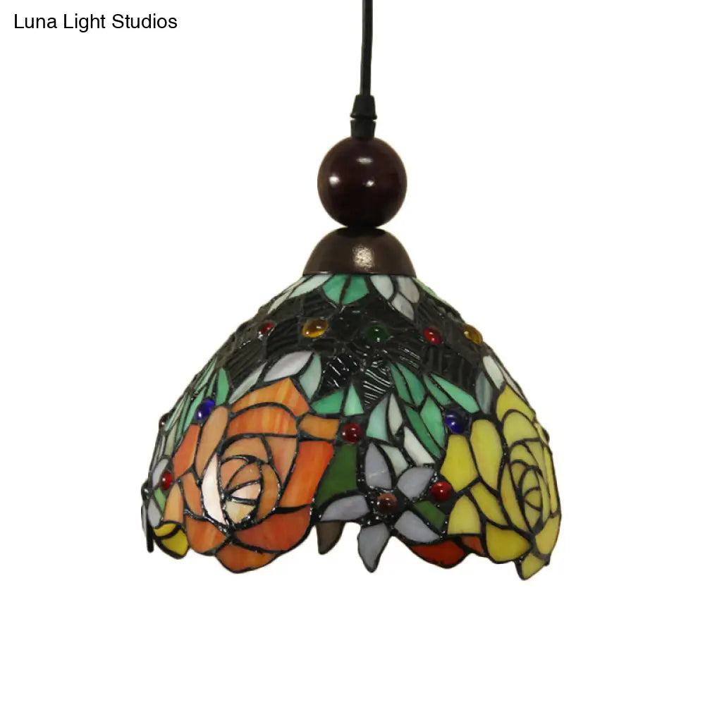 Tiffany Style Stained Art Glass Pendant Light - Pink/Yellow Blossom Ceiling Lamp