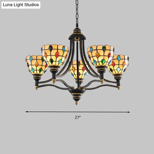 Tiffany Style Stained Glass Beaded Chandelier - Black And Gold 3/6/8 Lights Ceiling Pendant