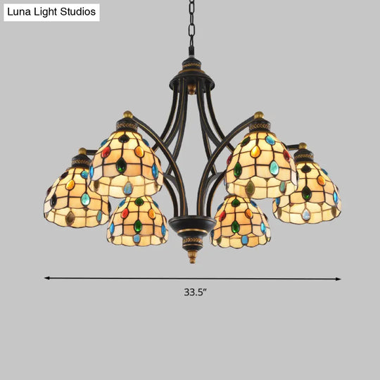 Tiffany Style Stained Glass Beaded Chandelier - 3/6/8 Lights Black & Gold Ceiling Pendant