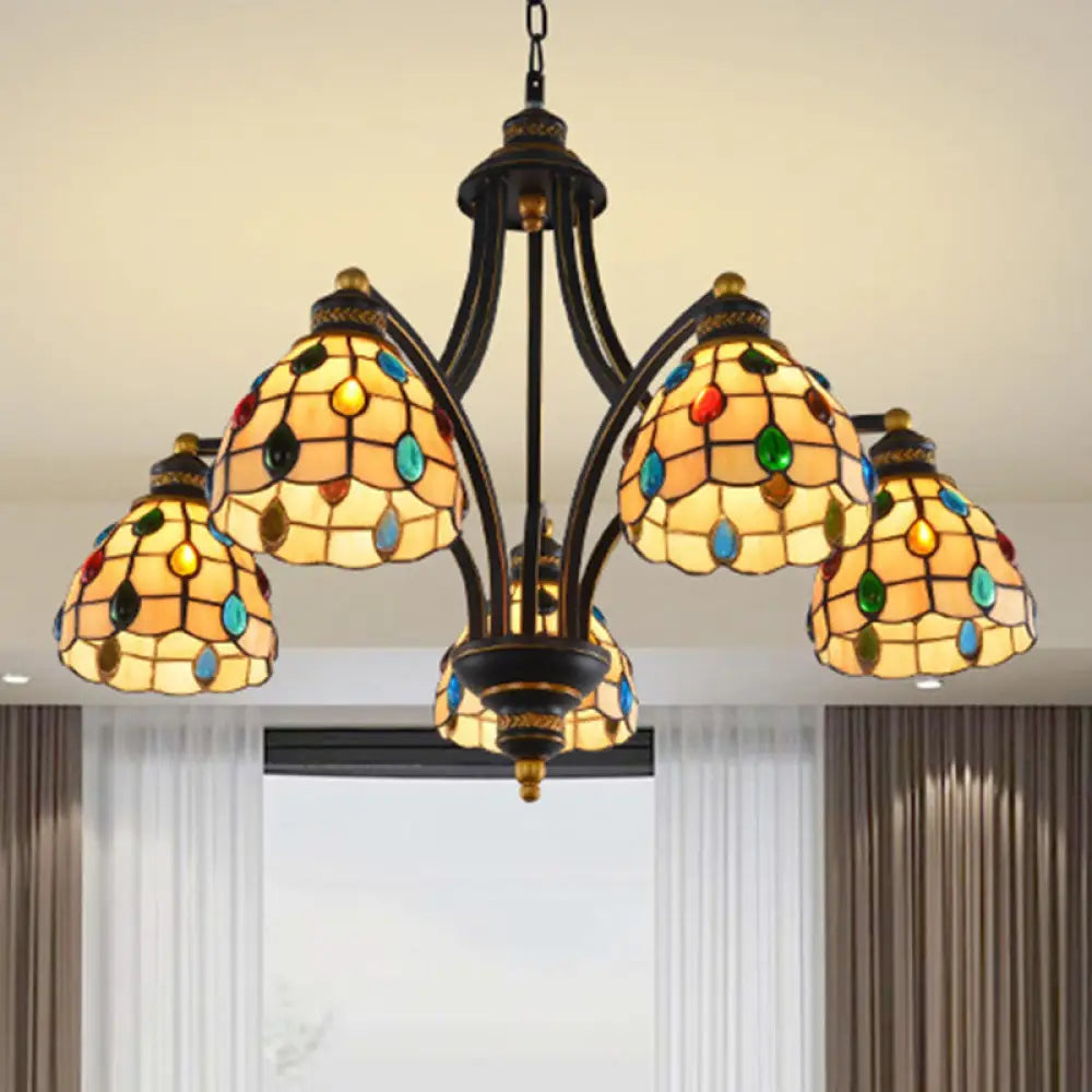 Tiffany Style Stained Glass Beaded Chandelier - Black And Gold 3/6/8 Lights Ceiling Pendant 5 /