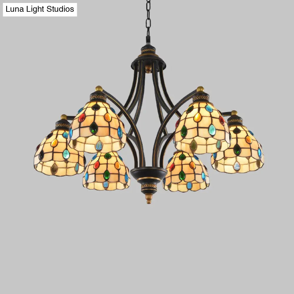 Tiffany Style Stained Glass Beaded Chandelier - 3/6/8 Lights Black & Gold Ceiling Pendant