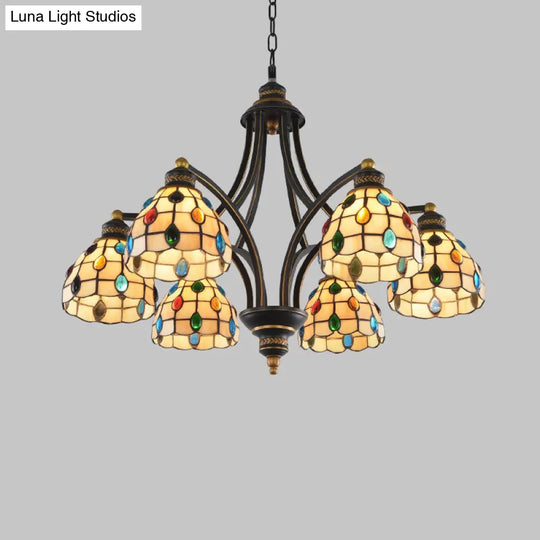 Tiffany Style Stained Glass Beaded Chandelier - 3/6/8 Lights Black & Gold Ceiling Pendant