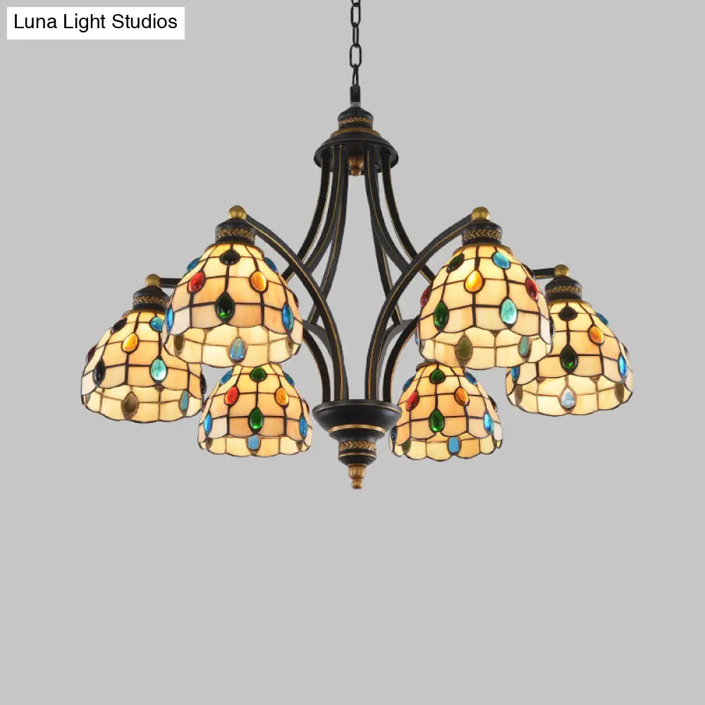 Tiffany Style Stained Glass Beaded Chandelier - Black And Gold 3/6/8 Lights Ceiling Pendant