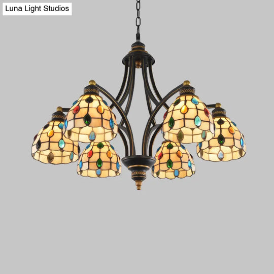 Tiffany Style Stained Glass Beaded Chandelier - Black And Gold 3/6/8 Lights Ceiling Pendant