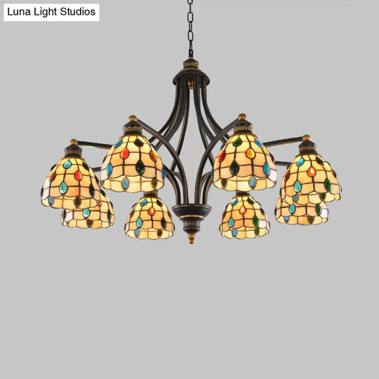 Tiffany Style Stained Glass Beaded Chandelier - 3/6/8 Lights Black & Gold Ceiling Pendant