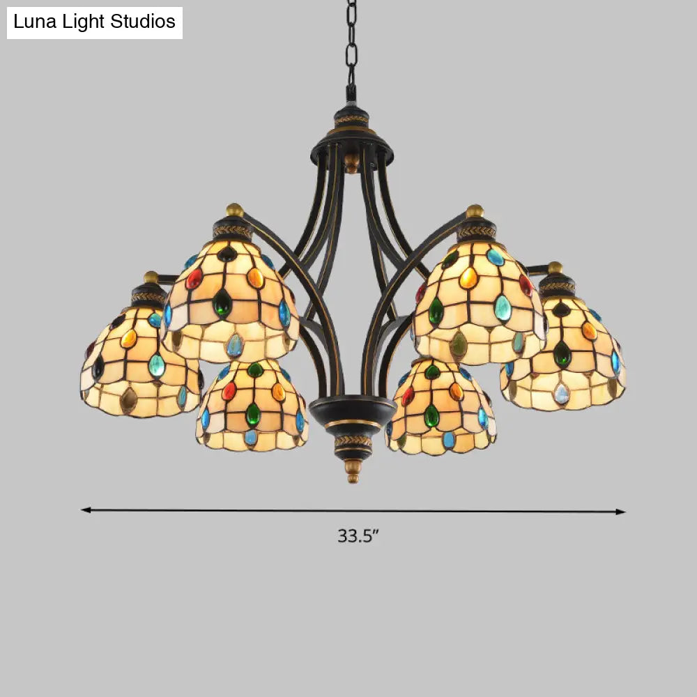 Tiffany Style Stained Glass Beaded Chandelier - Black And Gold 3/6/8 Lights Ceiling Pendant