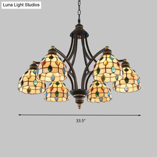 Tiffany Style Stained Glass Beaded Chandelier - Black And Gold 3/6/8 Lights Ceiling Pendant