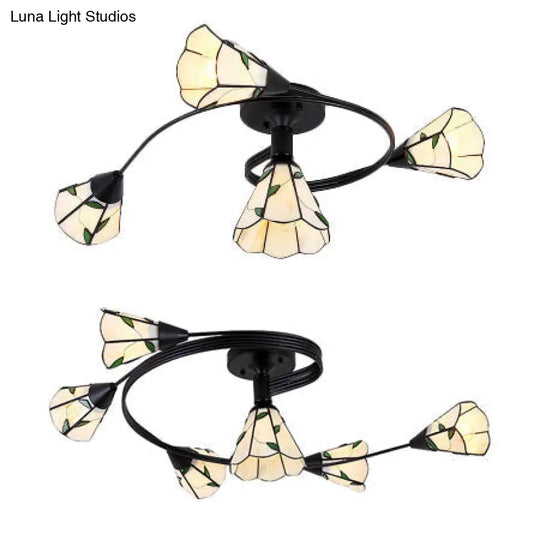 Semi Flush Tiffany Style Stained Glass Bedroom Light In White - Curved Design 4/6 Heads