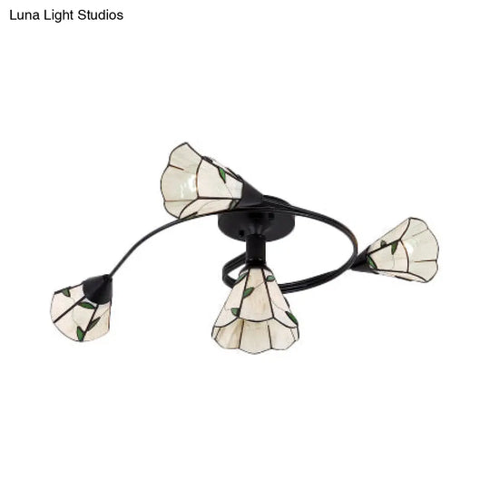 Tiffany Style Stained Glass Bedroom Semi Flushmount Light In White With Curved Design - 4/6 Heads