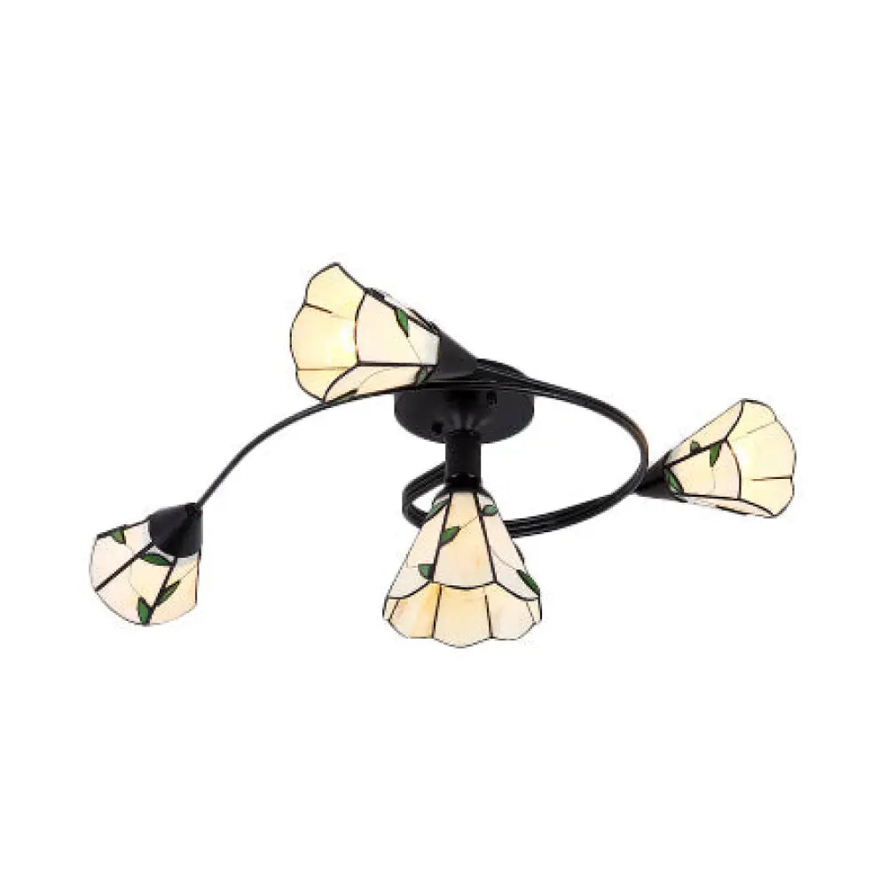 Tiffany Style Stained Glass Bedroom Semi Flushmount Light In White With Curved Design - 4/6 Heads 4