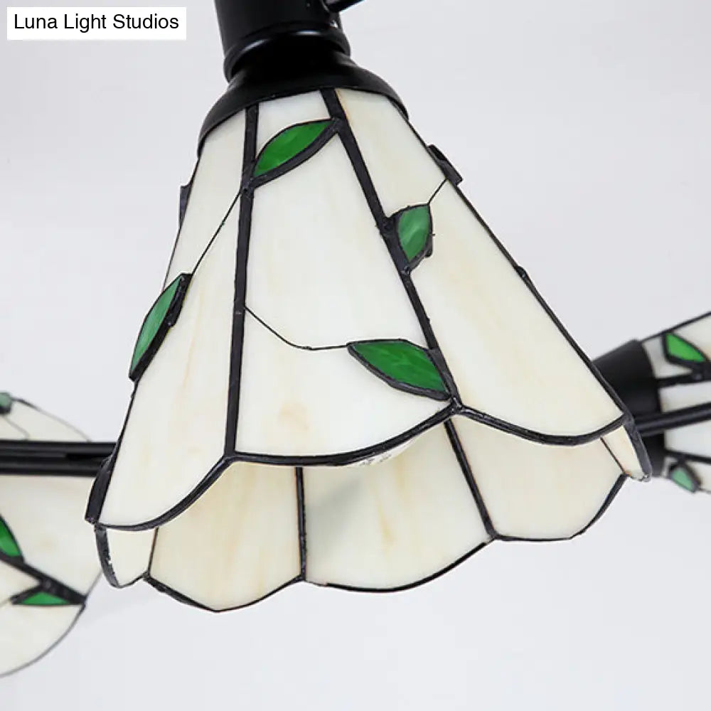 Tiffany Style Stained Glass Bedroom Semi Flushmount Light In White With Curved Design - 4/6 Heads