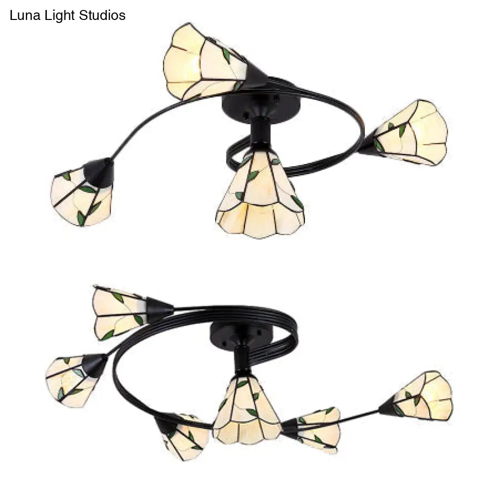 Tiffany Style Stained Glass Bedroom Semi Flushmount Light In White With Curved Design - 4/6 Heads