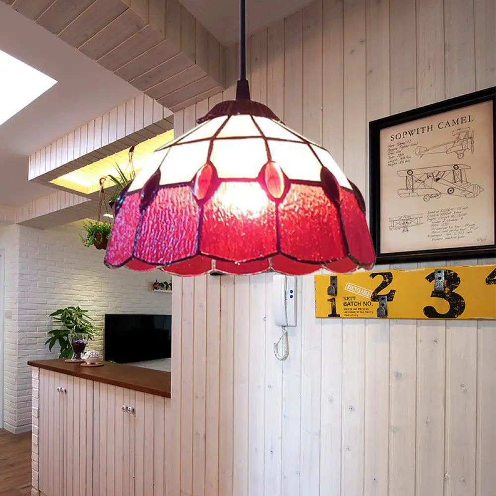 Tiffany-Style Stained Glass Bowl Pendant Lamp - Red Drop 1 Head Lighting For Living Room