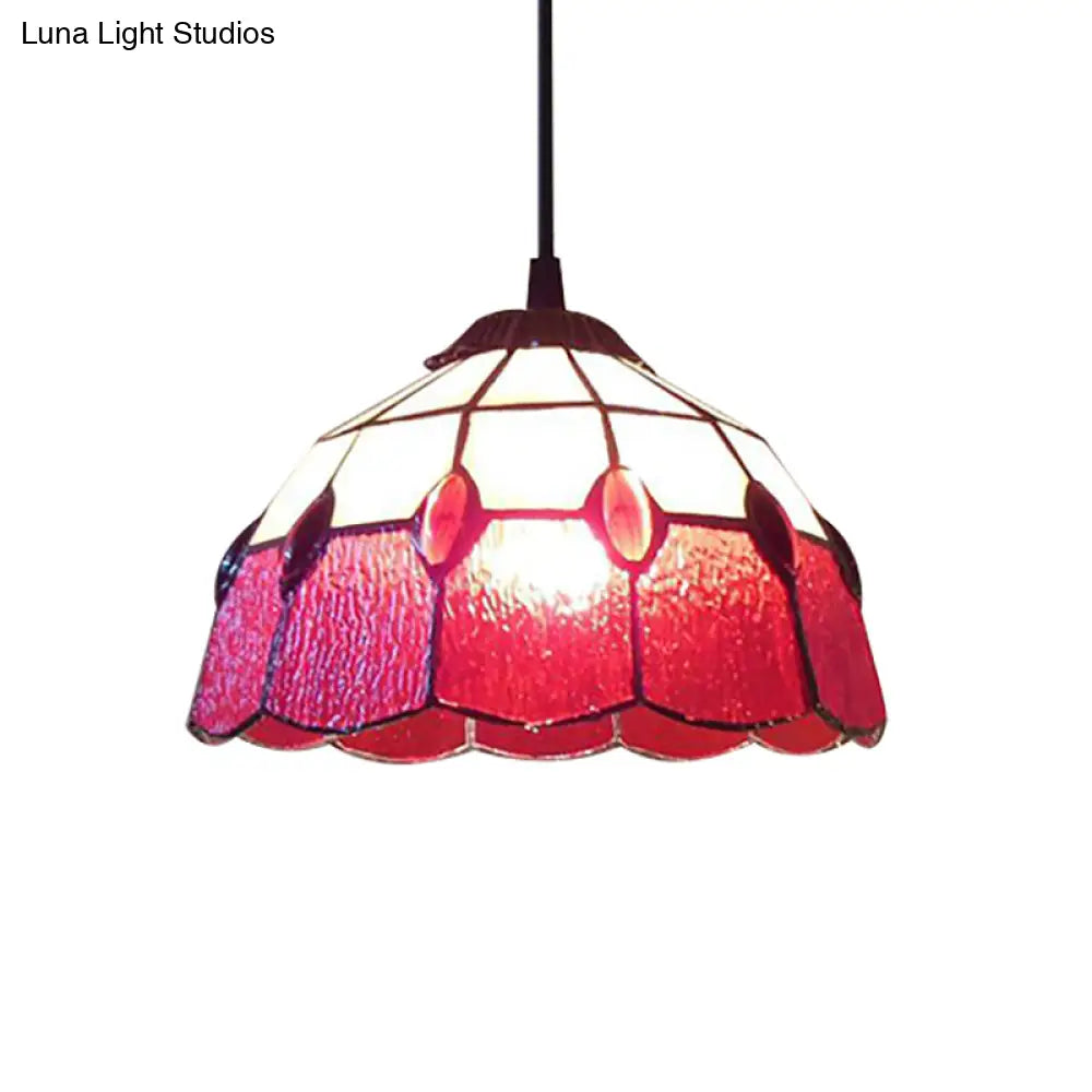 Tiffany-Style Stained Glass Bowl Pendant Lamp - Red Drop 1 Head Lighting For Living Room