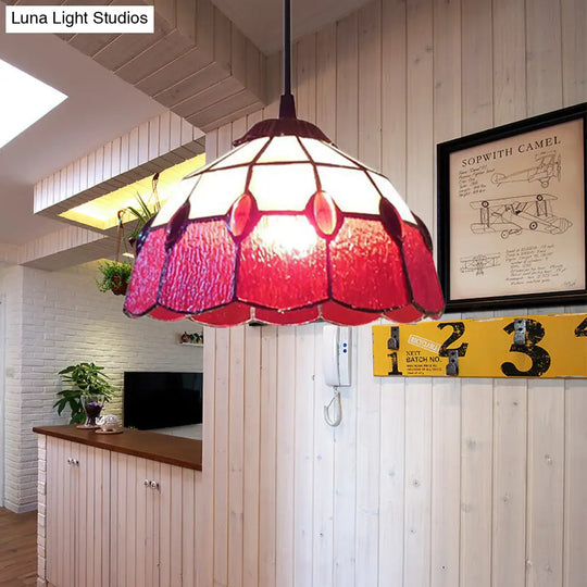 Tiffany-Style Stained Glass Pendant Lamp: Red 1-Head Fixture For Living Room