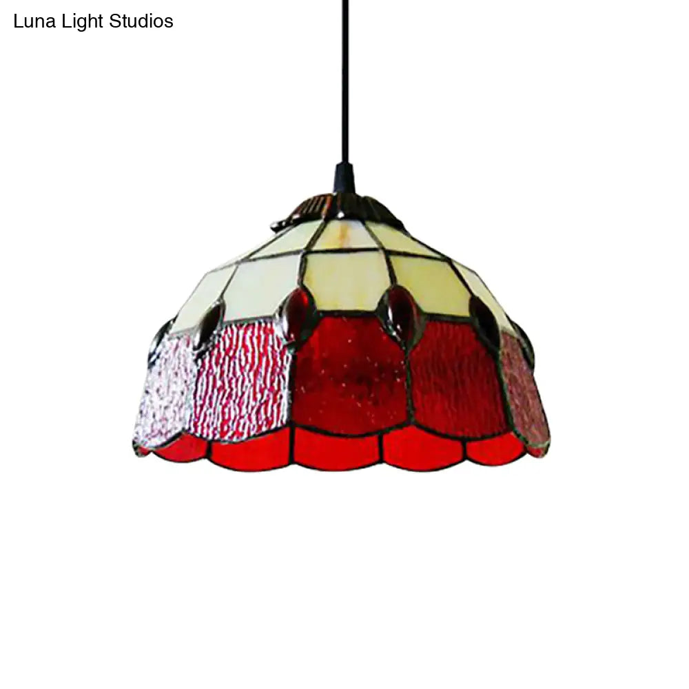 Tiffany-Style Stained Glass Bowl Pendant Lamp - Red Drop 1 Head Lighting For Living Room