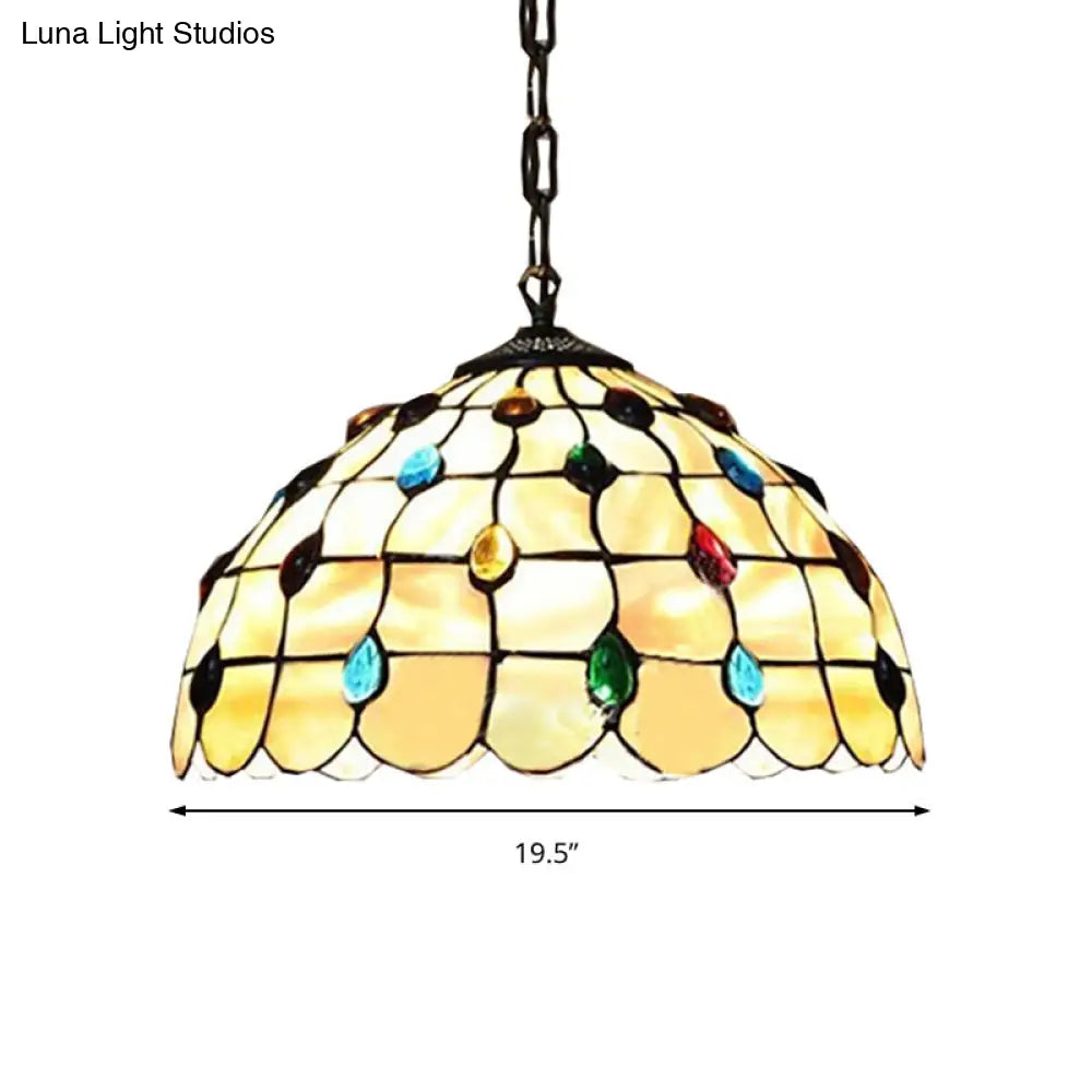 Tiffany-Style Stained Glass Bowl Pendant Lamp With Two Beige Heads And Gemstone Cabochons -