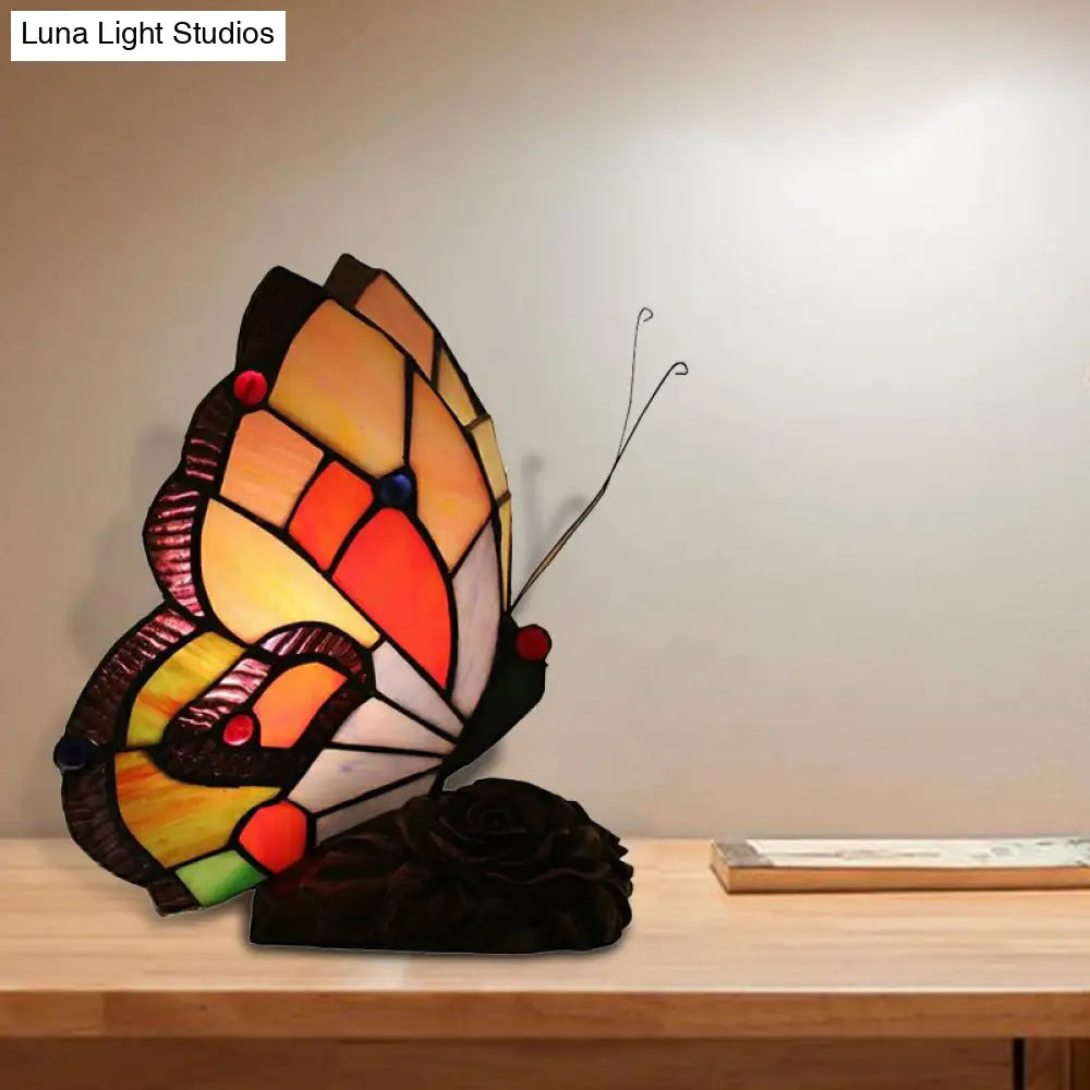 Tiffany Style Stained Glass Butterfly Table Lamp - Multicolored Shade With Green/Blue/Red 1 Light