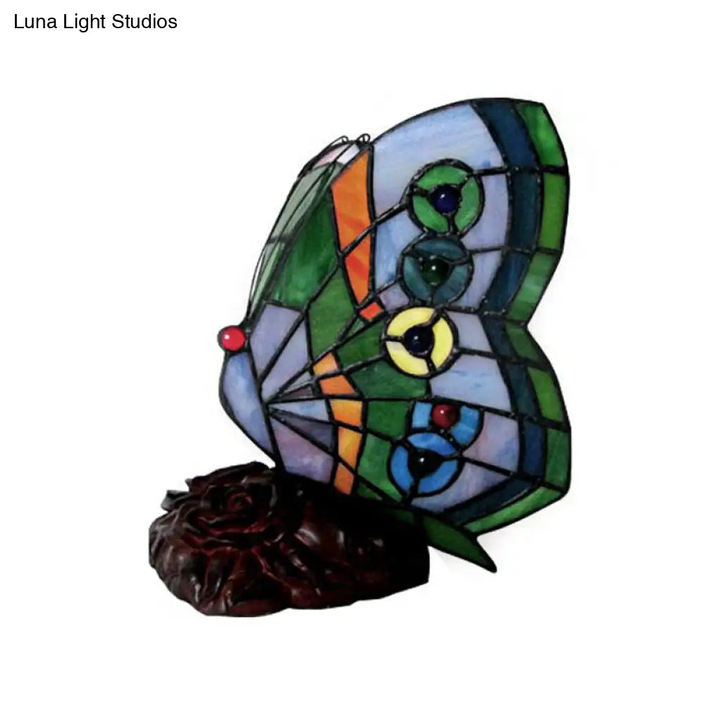 Tiffany Style Stained Glass Butterfly Table Lamp - Multicolored Shade With Green/Blue/Red 1 Light