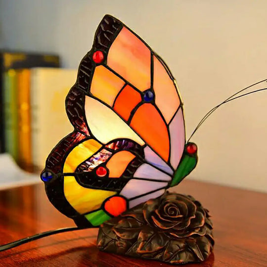 Tiffany Style Stained Glass Butterfly Table Lamp - Multicolored Shade With Green/Blue/Red 1 Light