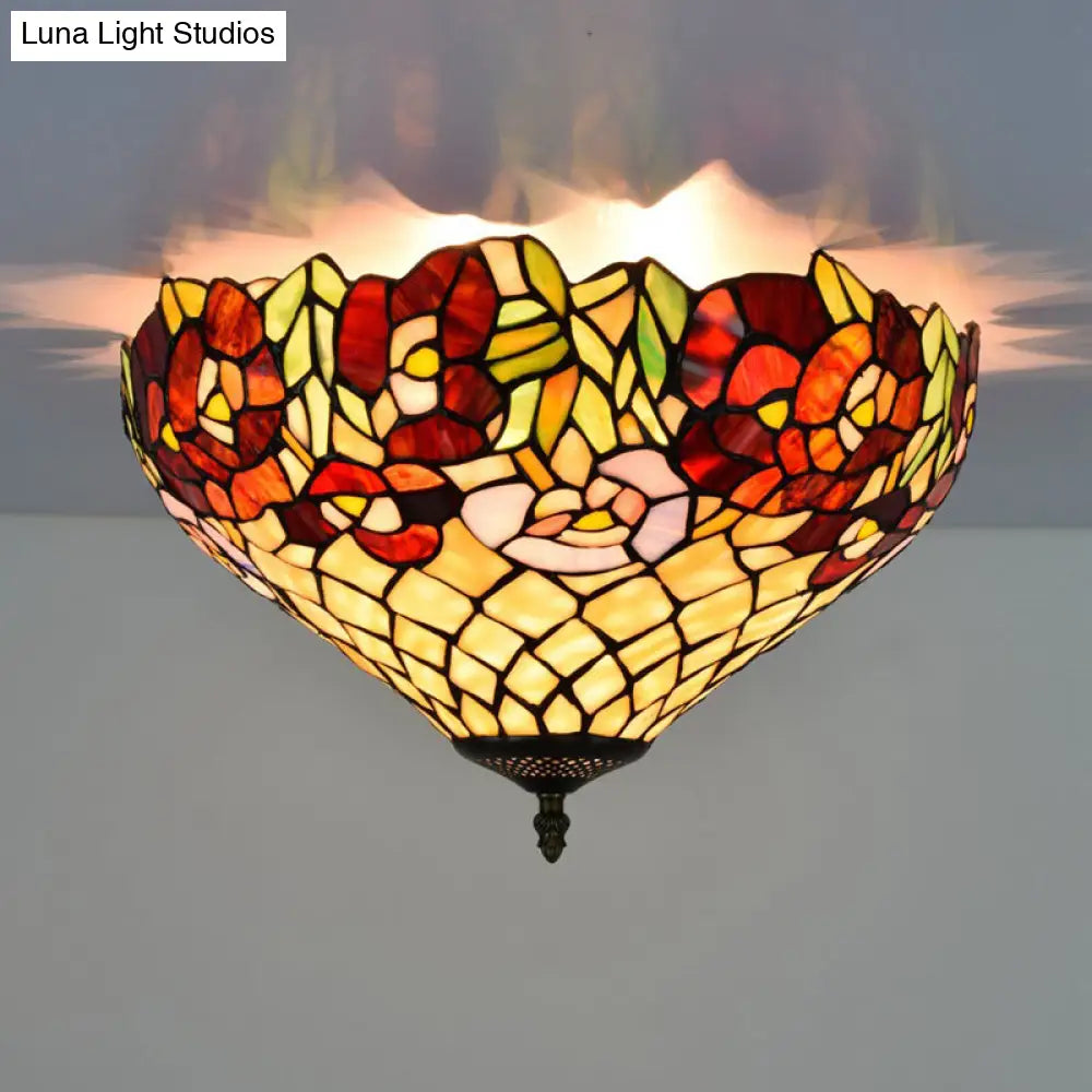 Tiffany-Style Stained Glass Ceiling Lamp In Bronze With 3 Bulb Flush Mount