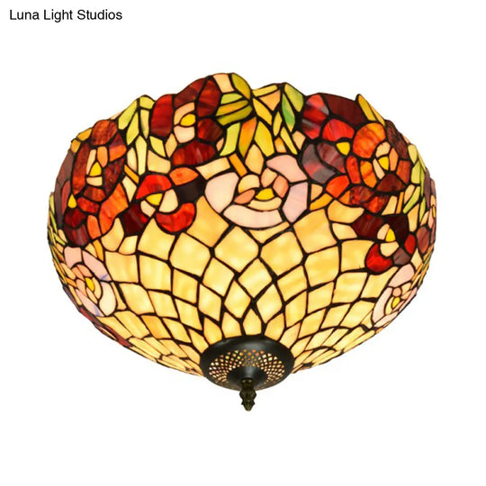 Tiffany-Style Stained Glass Ceiling Lamp In Bronze With 3 Bulb Flush Mount