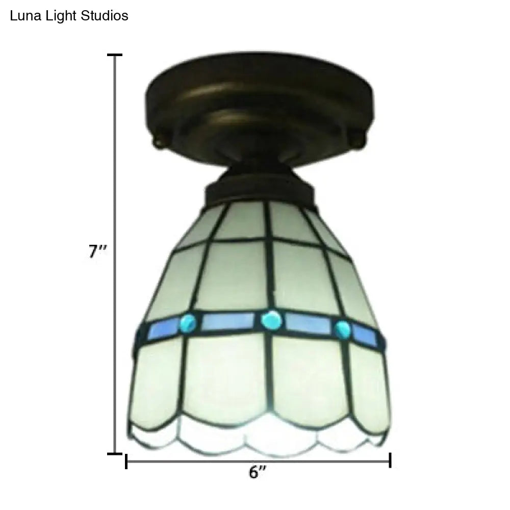 Tiffany Style Stained Glass Ceiling Light Fixture - White Floral Semi Flush Mount With Jewel Perfect