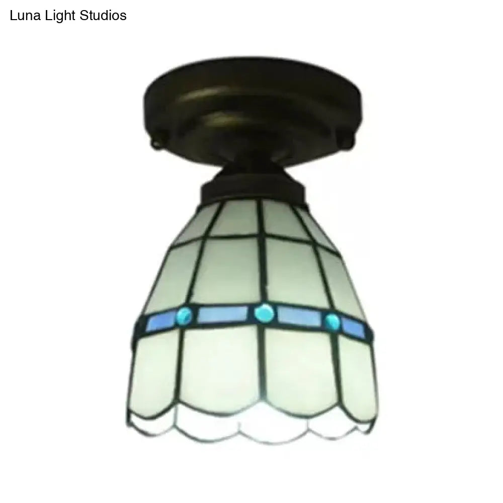 Tiffany Style Stained Glass Ceiling Light Fixture - White Floral Semi Flush Mount With Jewel