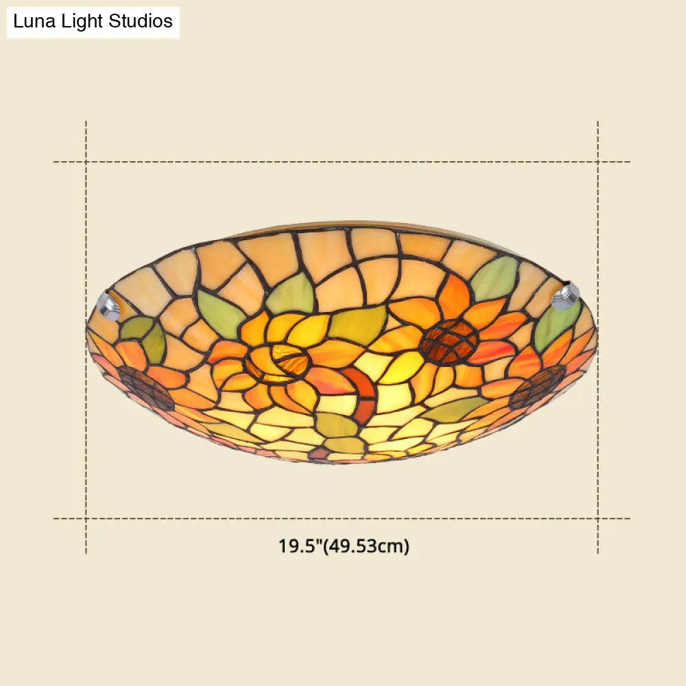 Tiffany Style Stained Glass Ceiling Light With Flower & Leaf Pattern - Retro Mediterranean Flush