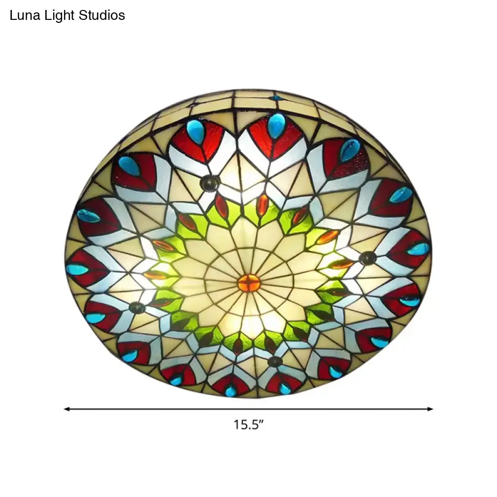 Tiffany Style Stained Glass Ceiling Light With Peacock & Jewel Accents - 3-Light Drum Flush Mount