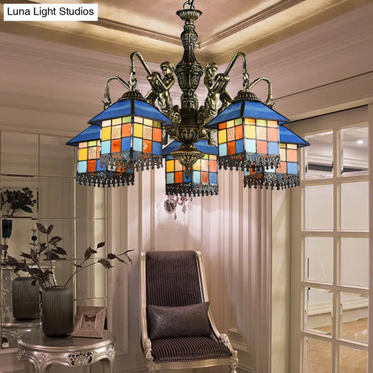 Tiffany Style 5-Light House Stained Glass Chandelier Lamp: Clear/Blue Pendant Lighting Blue